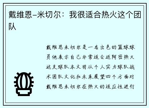 戴维恩-米切尔：我很适合热火这个团队